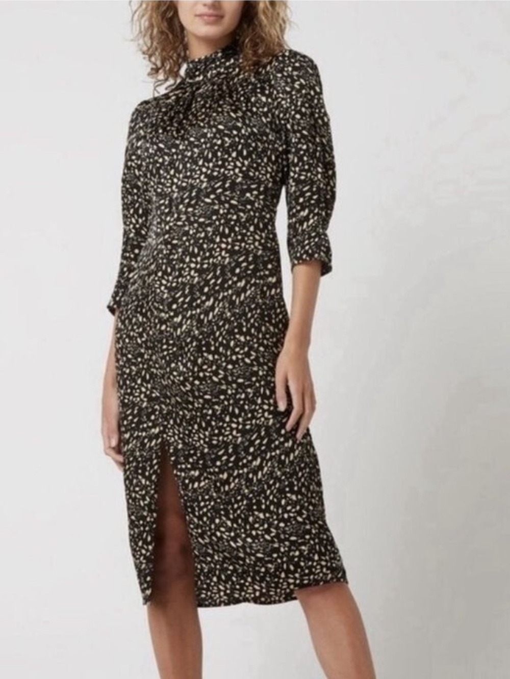 Ba&sh Edmee Smocked Speckle Print Midi Dress Medium Silky Party Career Chic $375